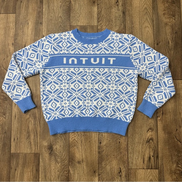intuit Sweaters - Intuit Winter Crew Neck Ugly Christmas Knit Sweater Size L Blue White Snowflake
